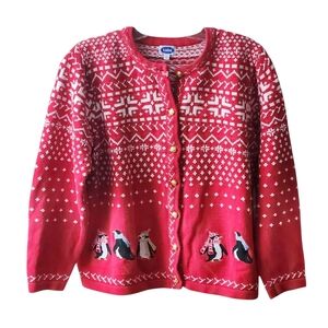 Vintage 90s Tabi cardigan red white Nordic sweater penguin patches – women XL